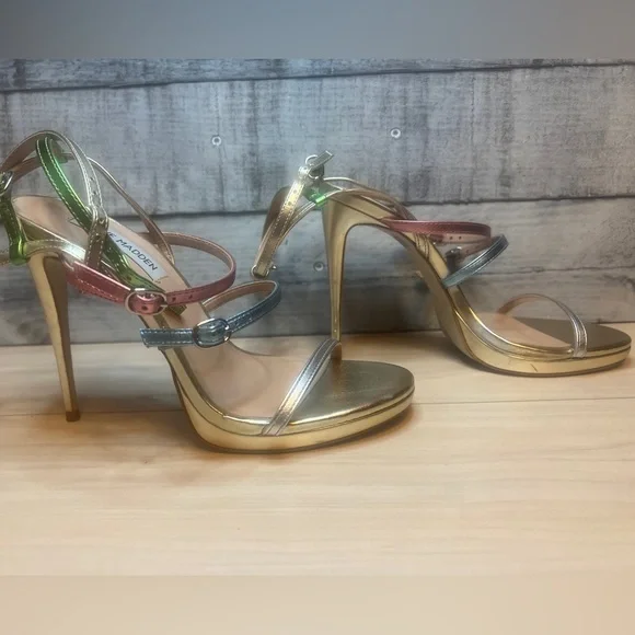 STEVE MADDEN NWT Jubliant Rainbow Metallic Strappy Buckle Detail Dress Sandals - Picture 7 of 12